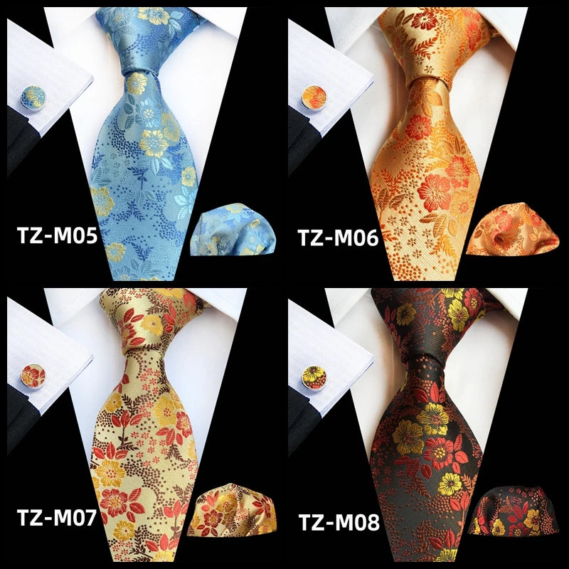 Orange Novelty Ties For Men Plaid Flower Design Silk Wedding Necktie For Men Hanky Cufflinks Gifts Business Party Suit Bow Tie