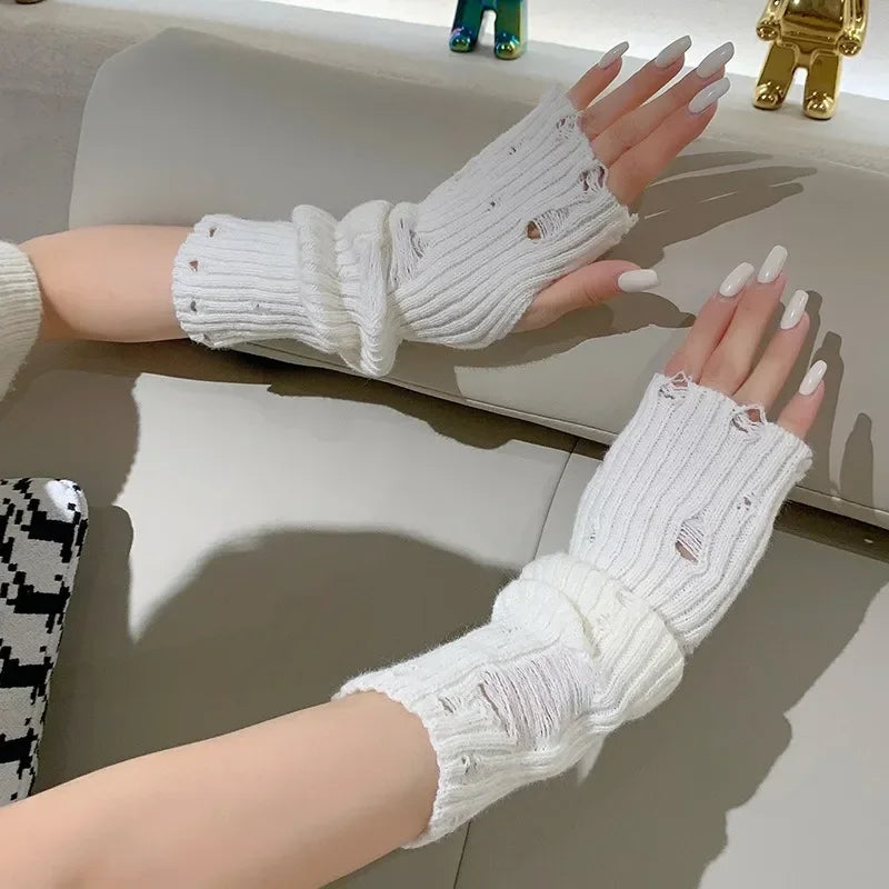 Unisex Gloves Tattered Punk Gothic Half Fingerless Cuff Knit Gloves Women Men Soft Mittens Broken Stretch Arm Warmer Gloves