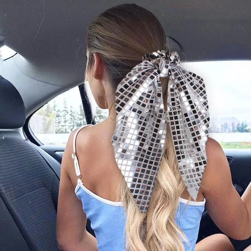 New Disco Party Favors Elastics Glitter Sequin Hair Bands with Bow Elastic Bands Ponytail Tie Hair Scarf Headwear