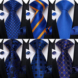 2023 New Blue Ties for Men Luxury Paisley Striped Check Silk Polyester Men's Wedding Party Necktie Accessories Handkerchief Gift