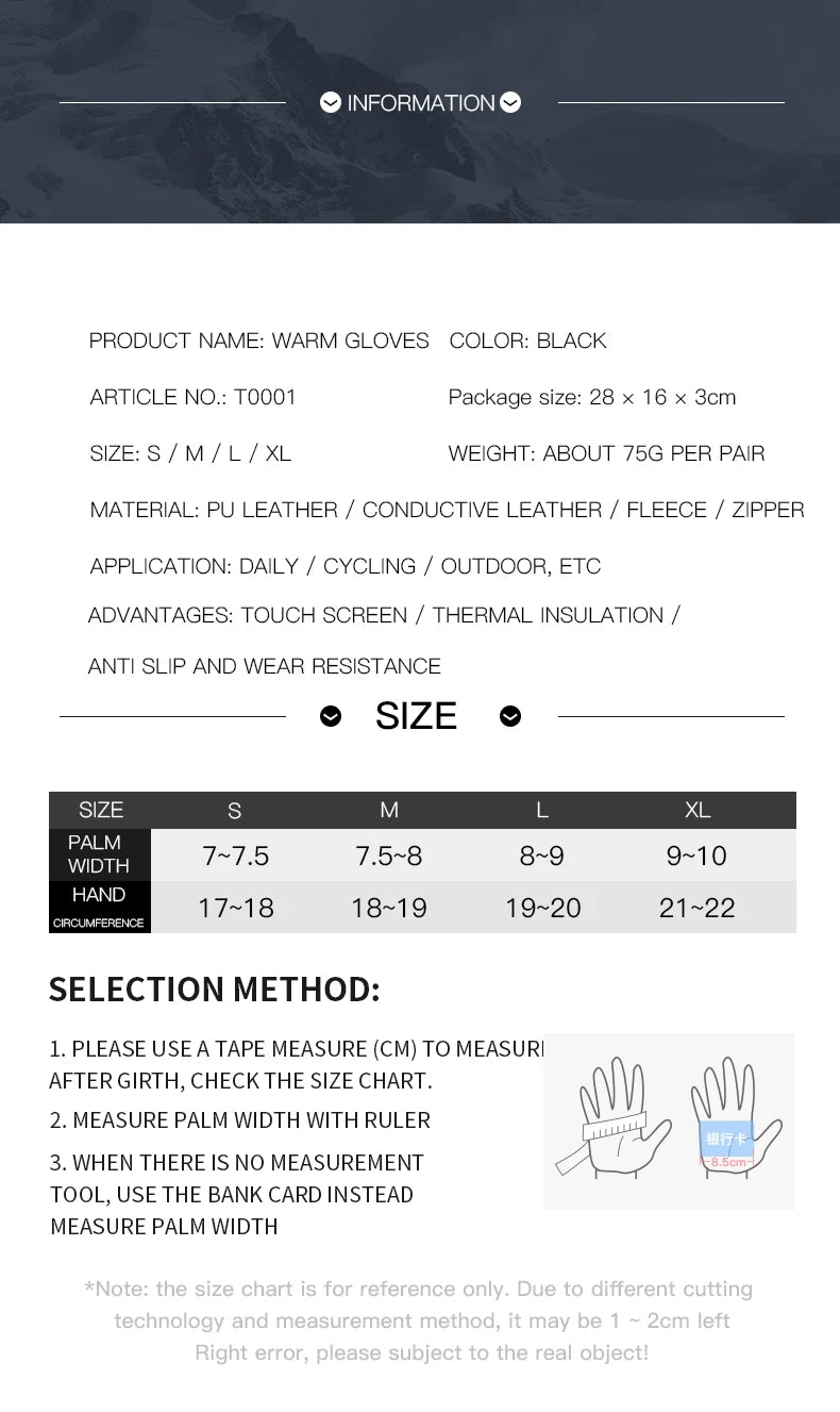 Autumn Winter Motorbike Gloves Men Women Windproof Anti-slip Touchscreen Fleece Keep Warm for Work Gloves Men Sports Bike Black