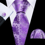 Barry.Wang Purple Lilac Lavender Silk Mens Tie Handkerchief Cufflink Set Jacquard Floral Necktie for Male Wedding Business Party