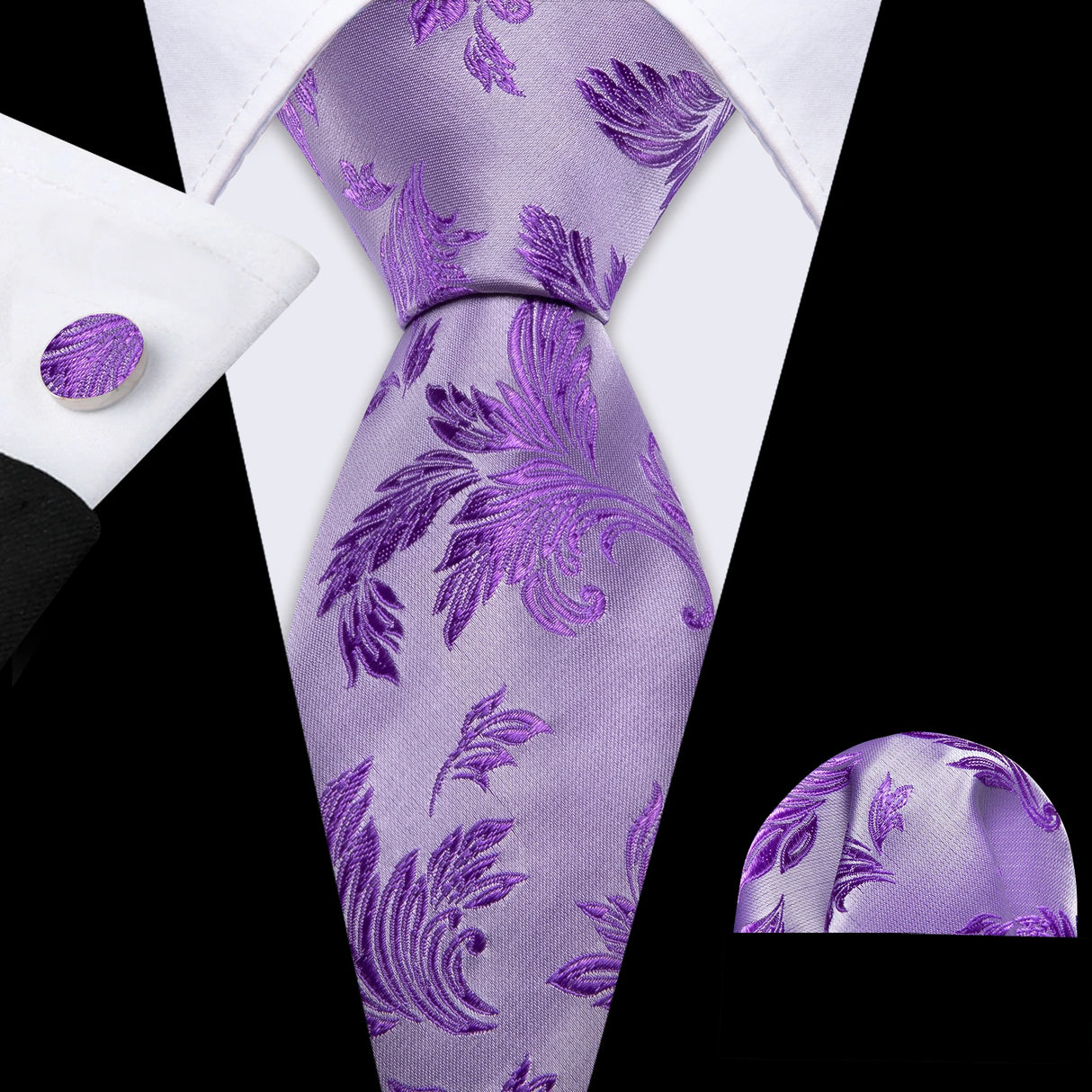 Barry.Wang Purple Lilac Lavender Silk Mens Tie Handkerchief Cufflink Set Jacquard Floral Necktie for Male Wedding Business Party