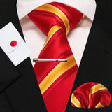 KAMBERFT New Classic Silk Men's Tie Red Gold Striped Men's Tie Handkerchief Cufflinks Set Wedding Business Party Gravatas