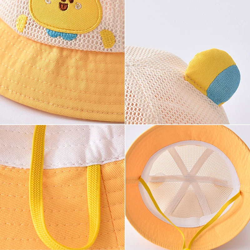 Summer Breathable Mesh Baby Hat Cute Bear Infant Boy Girl Bucket Hats Korean Cartoon Toddler Kids Casual Fisherman Cap