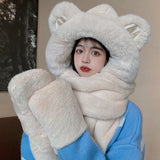 2023 New Fashion Scarf Hat Glove Women Cute Big Ear Bunny Beanie Winter Warm Soft Thickening Pocket Warm Ear Hats Hooded Skullie