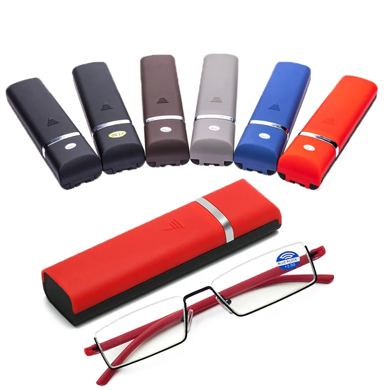 Men Women Metal Blue Light Blocking Reading Glasses with Case TR90 Half Frame HD Prescription Eyewear Presbyopia Diopter