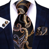 Hi-Tie Elegant Mens Necktie Black Gold Striped Paisley Silk Wedding Nicktie For Men Hanky Cufflinks Business Party Dropshipping