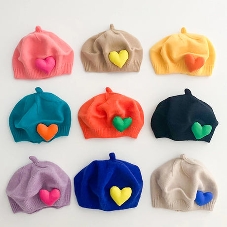 Korean Style Knitted Beret for Baby Girls Hair Accessories Large Heart Pattern Knit Beanie Newborn Painter Hat Children Cute Hat