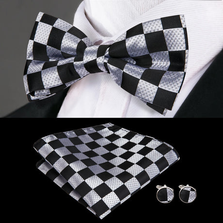 Hi-Tie Black White Silver Grey Brown Silk Mens Bow Tie Hankerchief Cufflinks Set Pre-tied Butterfly Knot Adjustable Bowtie Male