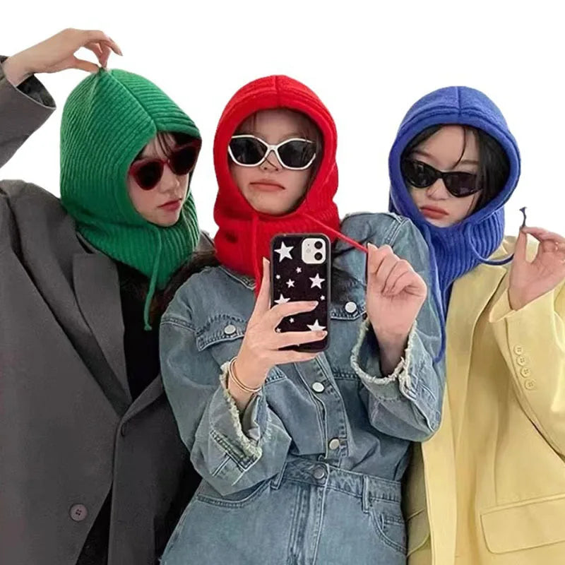Winter Balaclava Hat for Men&Women Knitted Hooded Cap Outdoor Windproof Drawstring Hat One-Piece Neck Beanie Capofficial website