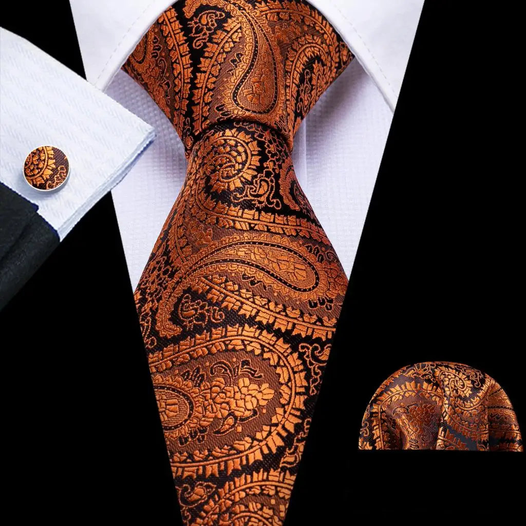 Barry.Wang Orange Silk Men Tie Hanky Cufflinks Set Jacquard Pink Purple Salmon Gold Necktie for Male Wedding Business Party Gift