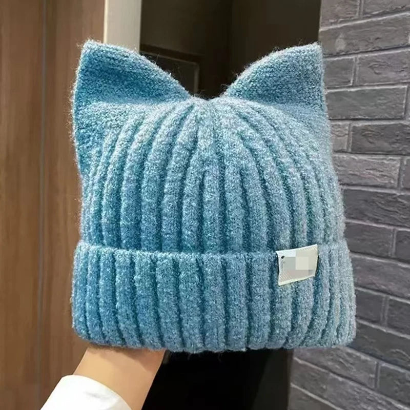 Cute Cat Ears Beanies For Women Autumn And Winter Warm Ear Protection Sweet Versatile Pullover Knitted Hats