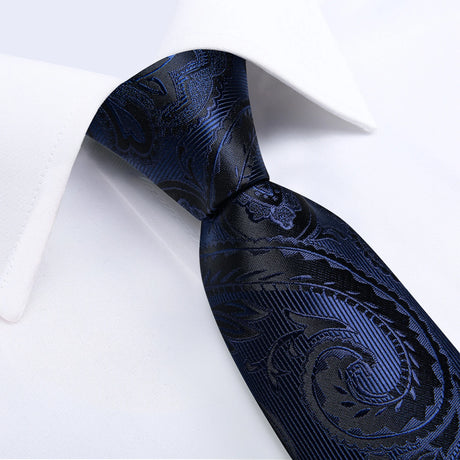 Elegant Blue Floral Paisley Men's 8cm Silk Tie Set with Pocket Square Cufflinks Business Suits Accessories Groom Wedding Cravat