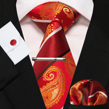 KAMBERFT New Classic Silk Men's Tie Red Gold Striped Men's Tie Handkerchief Cufflinks Set Wedding Business Party Gravatas