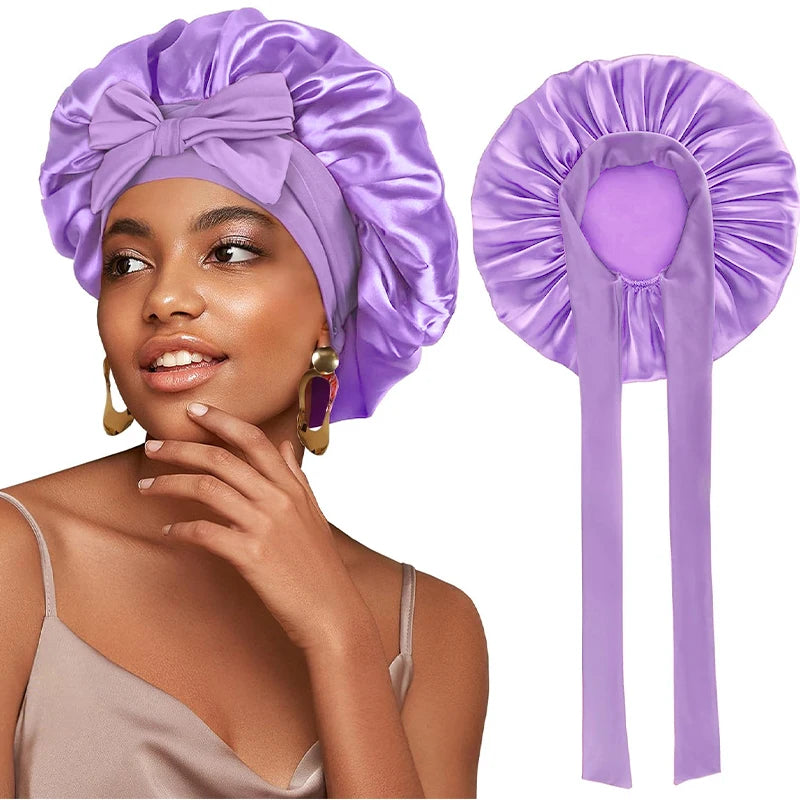 New Women Satin Bonnet Silky Sleep Cap Curly Hair Wrap For Sleeping Cap Adjustable Bonnets With Tie Band Nightcap Hair Care Cap