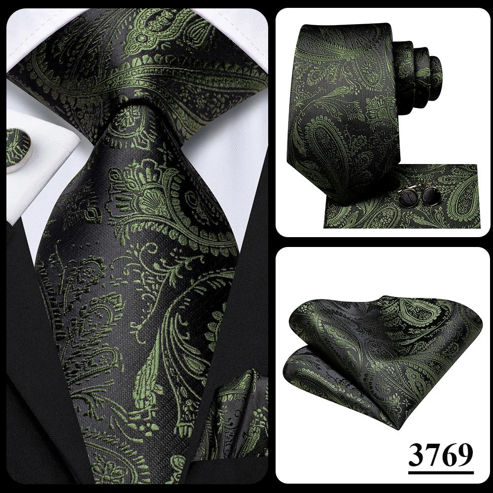 Hi-Tie Men Fashion Paisley Sage Green Necktie Handkerchief Cufflinks for Tuxedo Accessory Classic Silk Luxury Tie for Man Gift