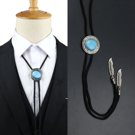 Vintage Bolo Tie Shirt Chain Cowboy Jazz Alloy Men Women Leather Rope Long Necklace Imitation Obsidian Sweater Chain Men Accesso