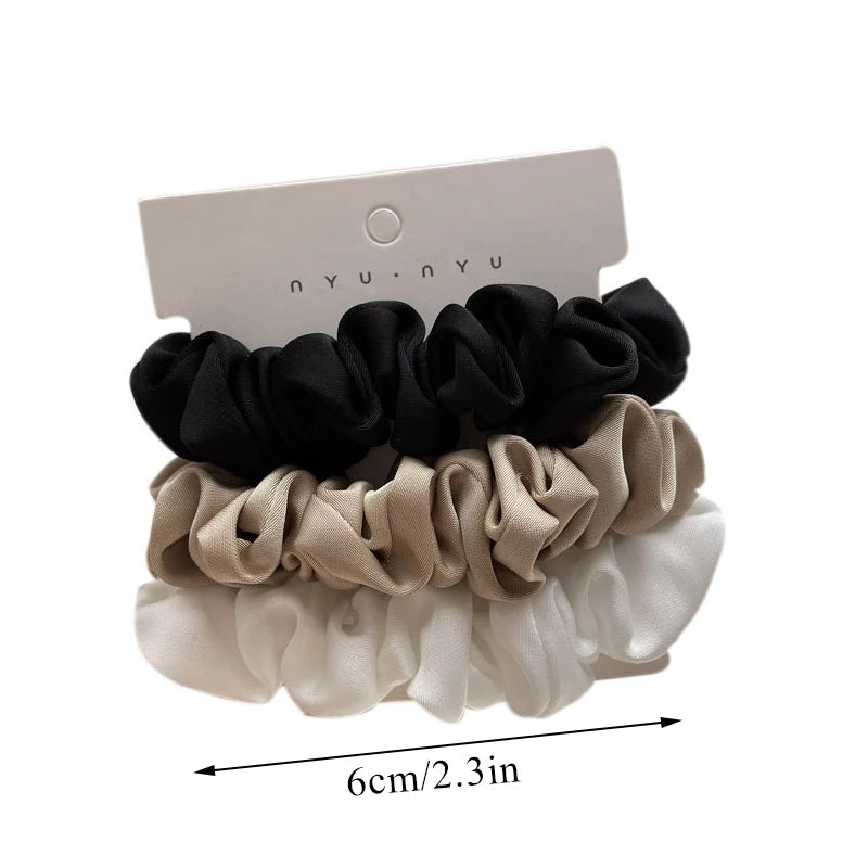 Silk Elastic Hair Bands Ponytail Holder Hair Tie Handmade White Black Coffee Hair Elastics 3Pcs Silky Satin Scrunchies Headwear