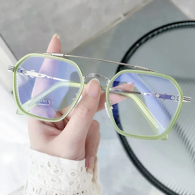 Blue Light Blocking Eye Protection Myopia Eyeglasses Fashion Double Beam Metal Glasses Women Trend Retro Plain Face Eyewear Men