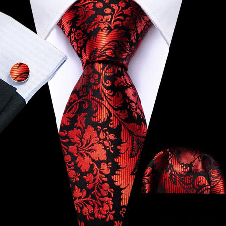 Barry.Wang Red Maroon Burgundy Rose Silk Men's Tie Pocket Square Cufflinks Set Jacquard Necktie for Male Wedding Business Party