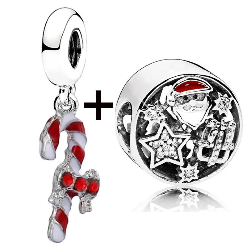 Buipoey 2pcs/lot Christmas Red Cane Gingerbread Man Charm Snowman Santa Beaded Sock Pendant DIY Beacelets jewelry Accessory Gift