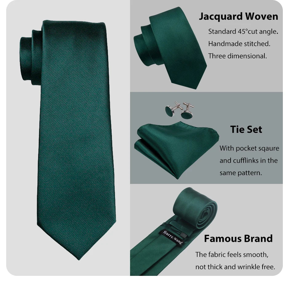 Barry.Wang Formal Mens Tie Handkerchief Cufflinks Set Jacquard Solid Striped Blue Gold Green Necktie for Male Wedding Business