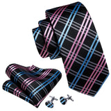 Barry.Wang Plaid Silk Men Tie Handkerchief Cufflinks Set Designer Jacquard Checked Necktie for Male Wedding Team Groomsman Corp