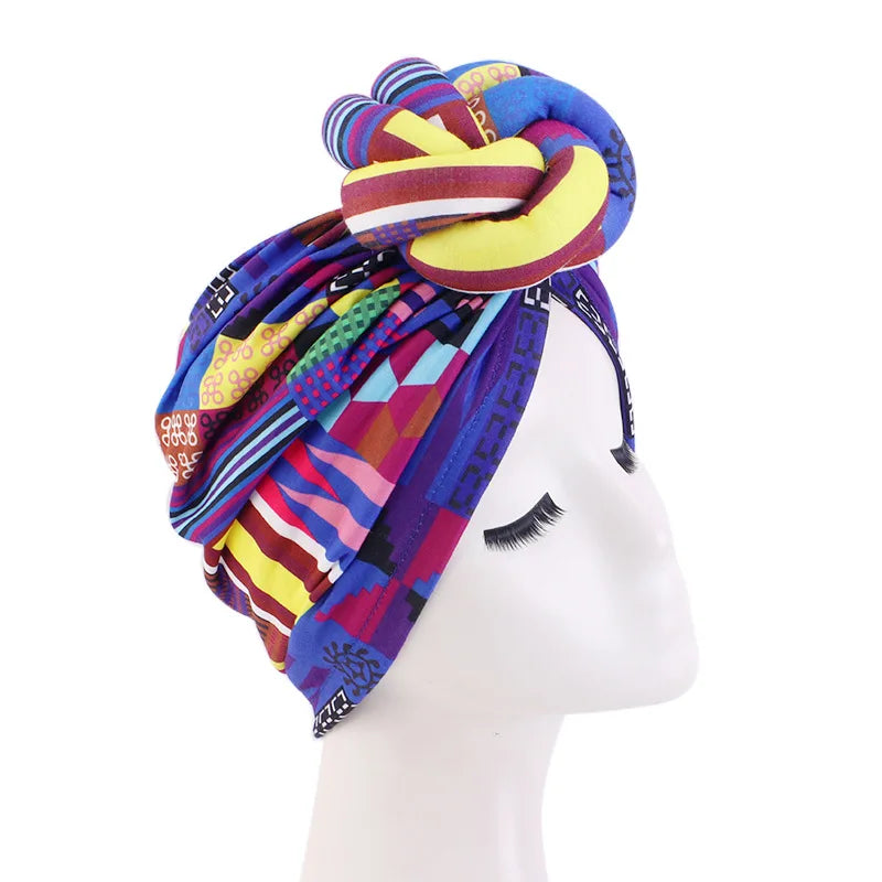 African Print Turban for Women New Fashion Pre-Made Top Knot Head Wraps Flower Stretch Hijab Ladies Party Wedding Headdress
