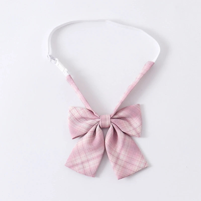 Adjusted Pre-Tied Necktie Elegant Pink Checkered Neck Tie Japanese JK Cosplay Bowtie Bowknot for School Uniform Neckwear