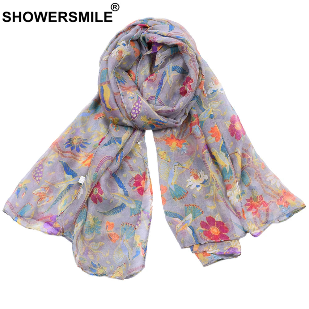 SHOWERSMILE Women Scarf Flower Print Voile Spring Autumn Colourful Scarfs for Ladies Scarf Women Echarpe