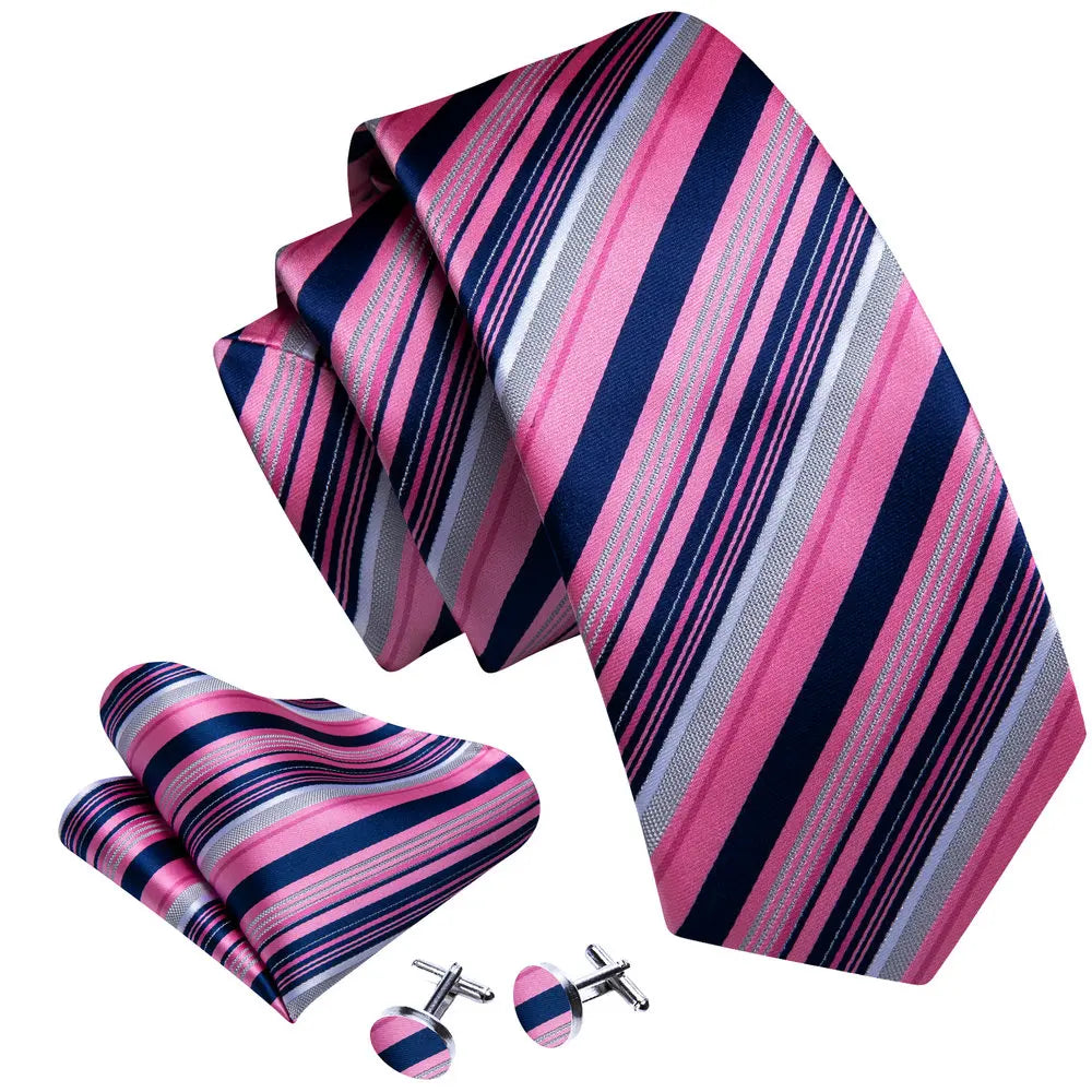 Elegant Pink Ties For Men Luxury Silk Stripe Pocket Square Cufflinks Set Fashion Male Necktie Groom Wedding Gift Barry.Wang 5090