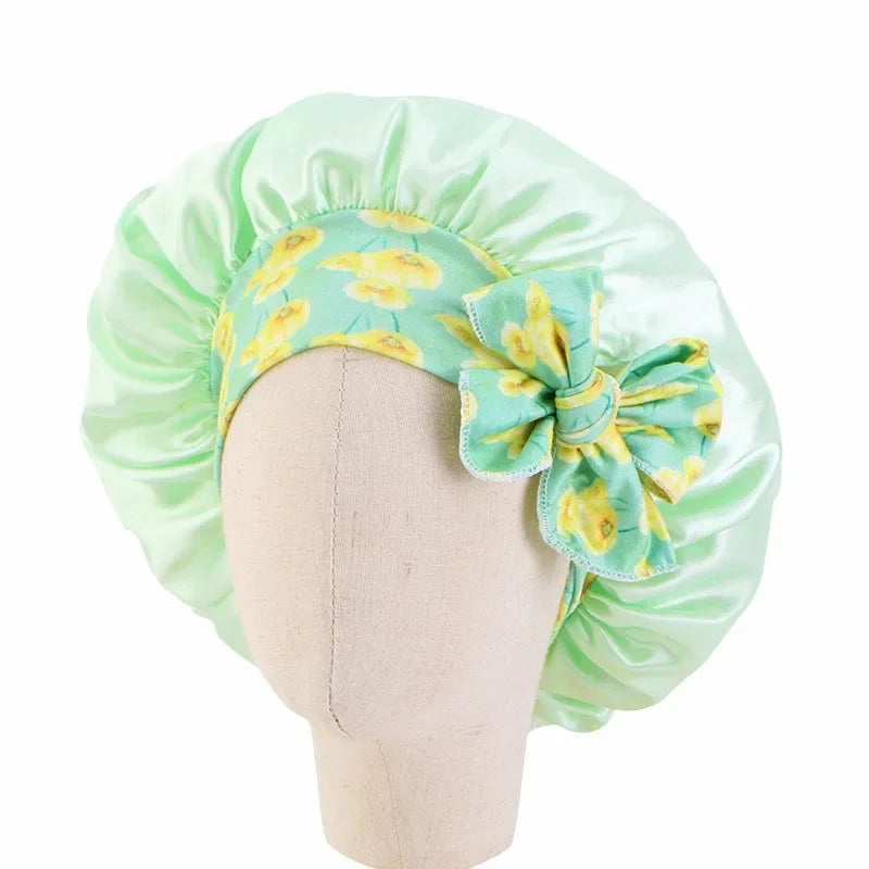 Kids Girls Sleep Cap Floral Print Hair Bonnet Satin Night Sleep Hat Turban Sleeping Hat Children Hair Care Bonnet Nightcap Caps