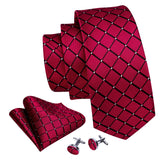 Barry.Wang Men's Tie Jacquard Plaid Checked Navy Pink Black Necktie Hankerchief Cufflinks Set for Male Wedding Business Formal