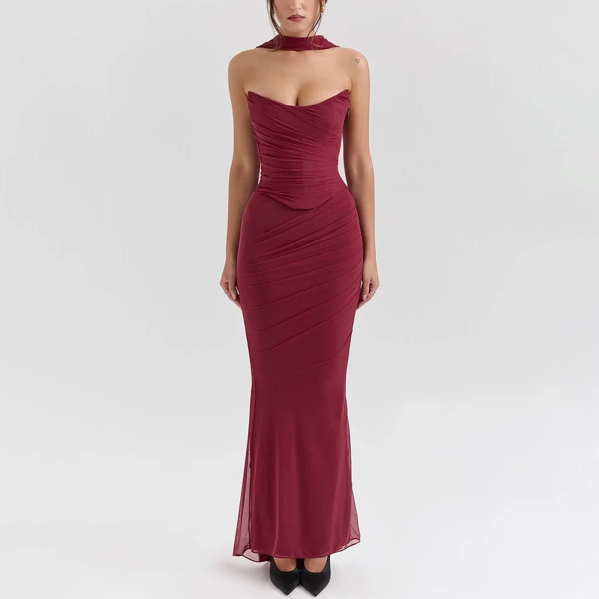 Suninheart Elegant 2 Pieces Dress Set with Scarf Women Fashion Matching Sets Sexy Cropped Top and Long Dress Set Casual Dress