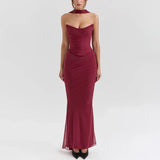 Suninheart Elegant 2 Pieces Dress Set with Scarf Women Fashion Matching Sets Sexy Cropped Top and Long Dress Set Casual Dress