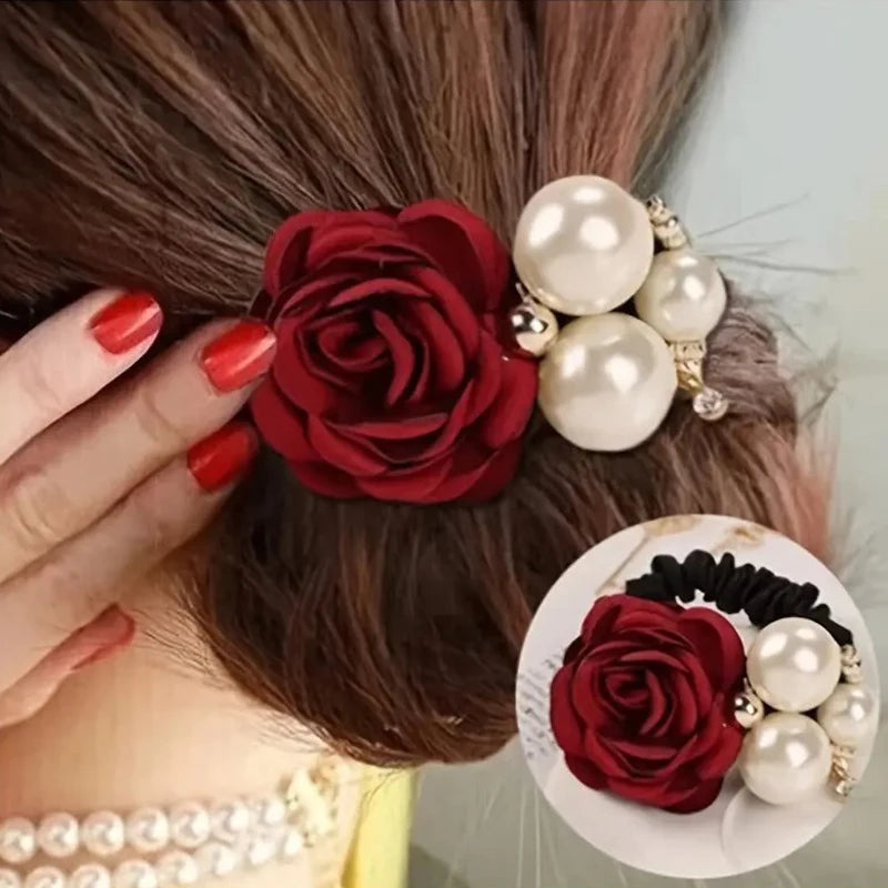 Pearl Rose Flower Hair Elastics Bands Hair Ties Stretchy Rubber Hairbands Floral Headbands Scrunchies Ponytail Holder
