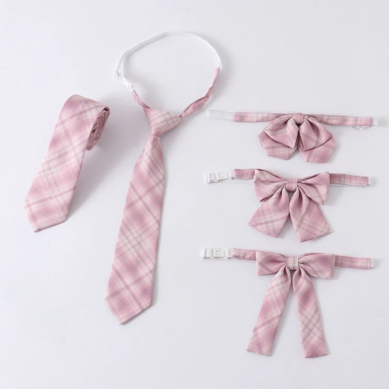 Adjusted Pre-Tied Necktie Elegant Pink Checkered Neck Tie Japanese JK Cosplay Bowtie Bowknot for School Uniform Neckwear