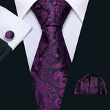 Male Gift Silk Men Tie Set Purple Violet Solid Paisley Striped Wedding Business Tie for Man Necktie Handky Cufflinks Barry.Wang