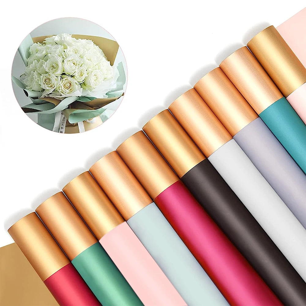 Colors Bouquet Gold Edge Double Sided Flower Wrapping Paper Wired Ribbons for Wedding Mothers Day Birthday Gift Florist Supplies