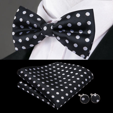 Hi-Tie Black White Silver Grey Brown Silk Mens Bow Tie Hankerchief Cufflinks Set Pre-tied Butterfly Knot Adjustable Bowtie Male