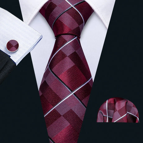 Barry.Wang Red Maroon Burgundy Rose Silk Men's Tie Pocket Square Cufflinks Set Jacquard Necktie for Male Wedding Business Party