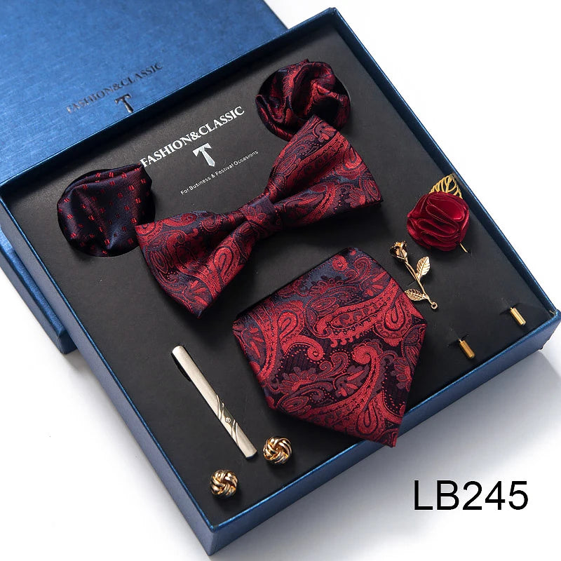 Brand Newest Design Silk Tie Set Handkerchief Pocket Squares Cufflink Bow Tie Clip Necktie Set Bussiness Wedding Suit Gift Box