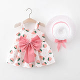 2Piece Sets Summer Toddler Girl Clothes Korean Fashion Flowers Cute Bow Sleeveless Princess Baby Dresses+Sunhat Kids Dress BC136