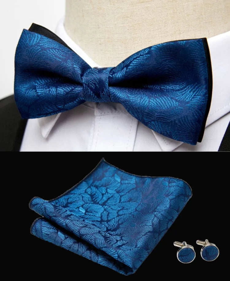 HUISHI Classic Blue Bowties For Men  Paisley Floral Bow Tie Pocket Square Cufflinks Suit Set Wedding Party Plaid Solid Butterfly