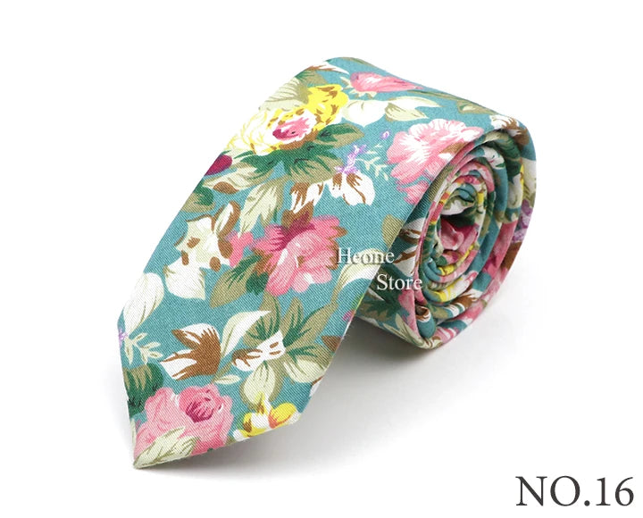 New Style Floral Printed 6cm Tie Blue Green Purple Skinny 100% Cotton Necktie For Men Women Wedding Party Suits Shirt Accessory