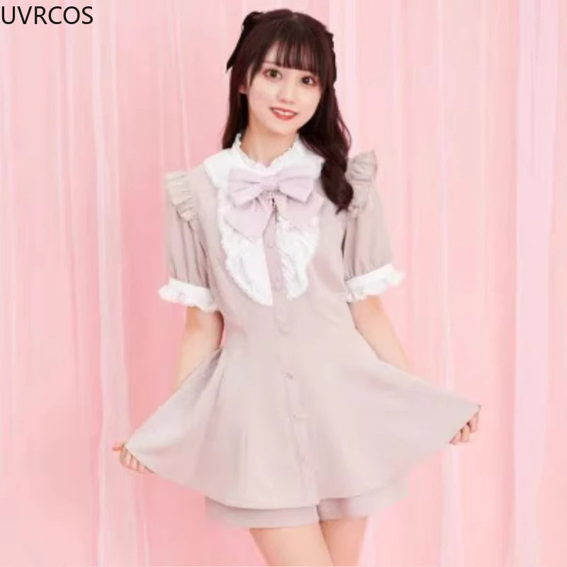 Japanese Style Gothic Y2k Lolita Plaid Rhinestone Bow Dress Shorts Set Sweet Women Puff Short Sleeve Button Shirt Party Dresses