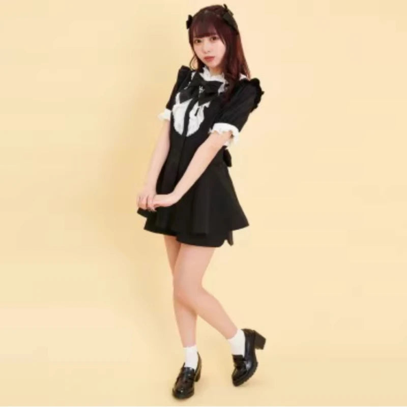 Japanese Style Gothic Y2k Lolita Plaid Rhinestone Bow Dress Shorts Set Sweet Women Puff Short Sleeve Button Shirt Party Dresses