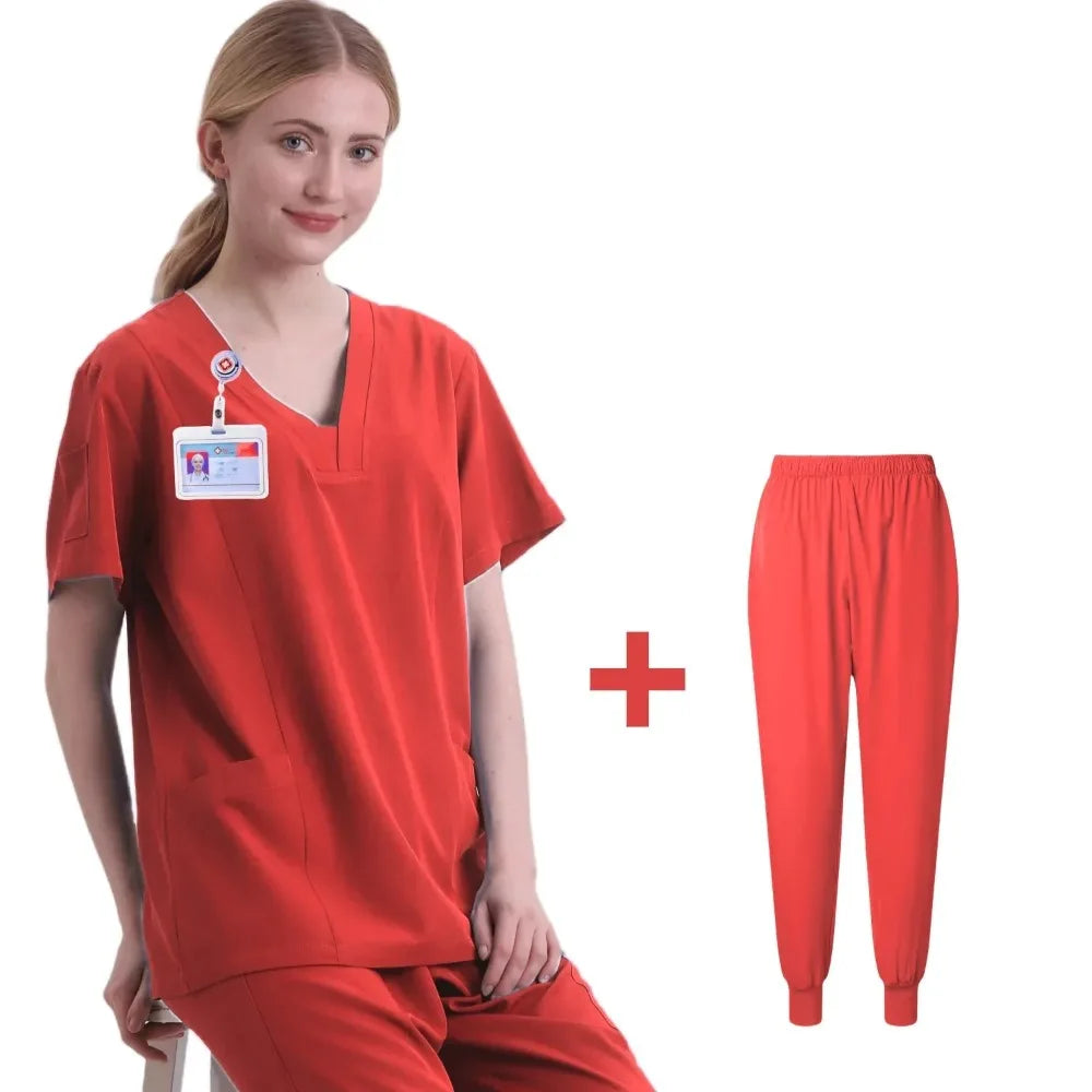 New Scrubs Set Medical Uniforms Stretch Scrub Tops with Pocket Pants Nurse Uniform Doctor Surgery Overalls Beauty Salon Workwear