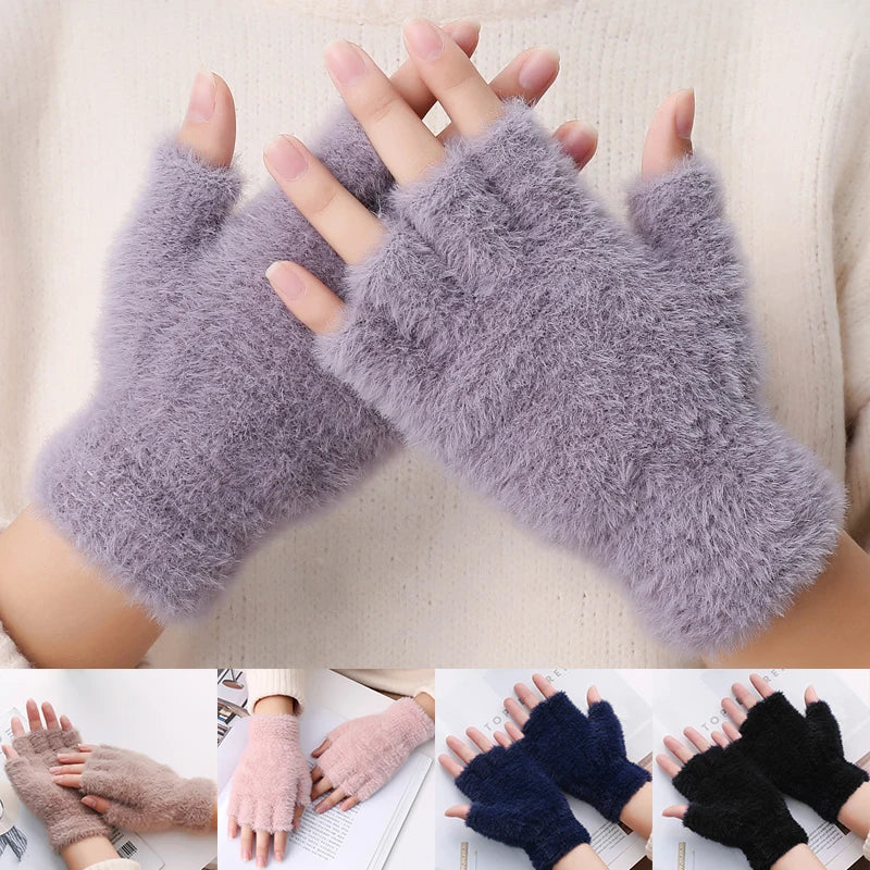 Imitation Mink Plush Cat Claw Knitted Gloves Women Cute Winter Warm Fluffy Touchscreen Gloves Men Outdoor Half Finger Mittens